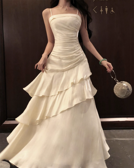 White Suspender Holiday Dress Ruffled Mermaid Long Birthday Dress YM2331