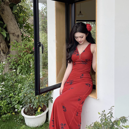 Sexy V Neck Red Print Floral Long Birthday Dress Vacation Dress YM2203