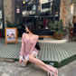 Sexy Straps Lace Print Backless Birthday Outfits Mini Party Dress YM2000