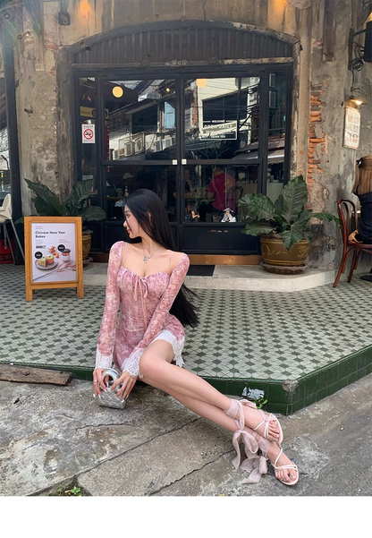 Sexy Straps Lace Print Backless Birthday Outfits Mini Party Dress YM2000
