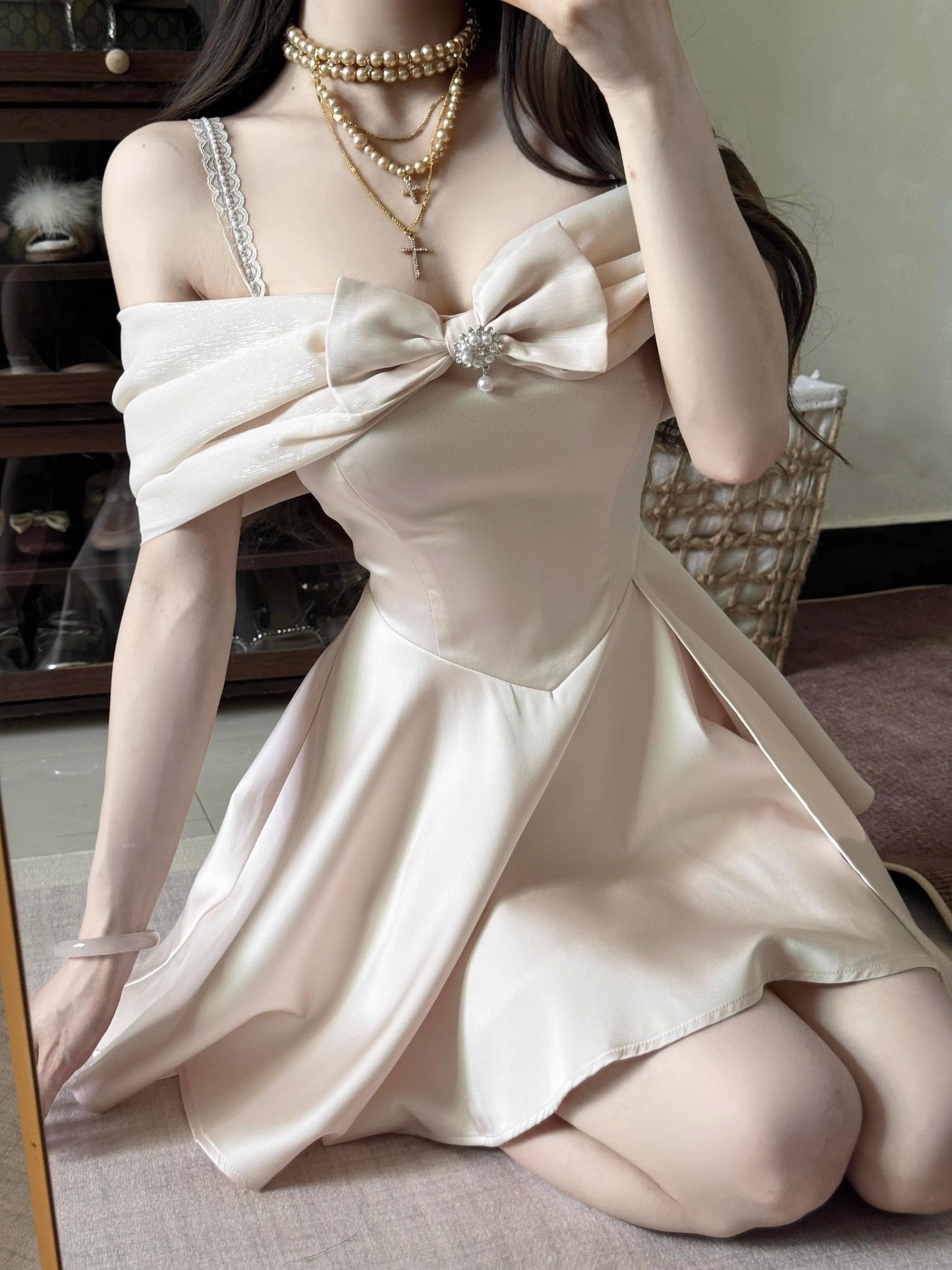 White Off The Shoulder Bow Princess Dress Mini Dress YM1640