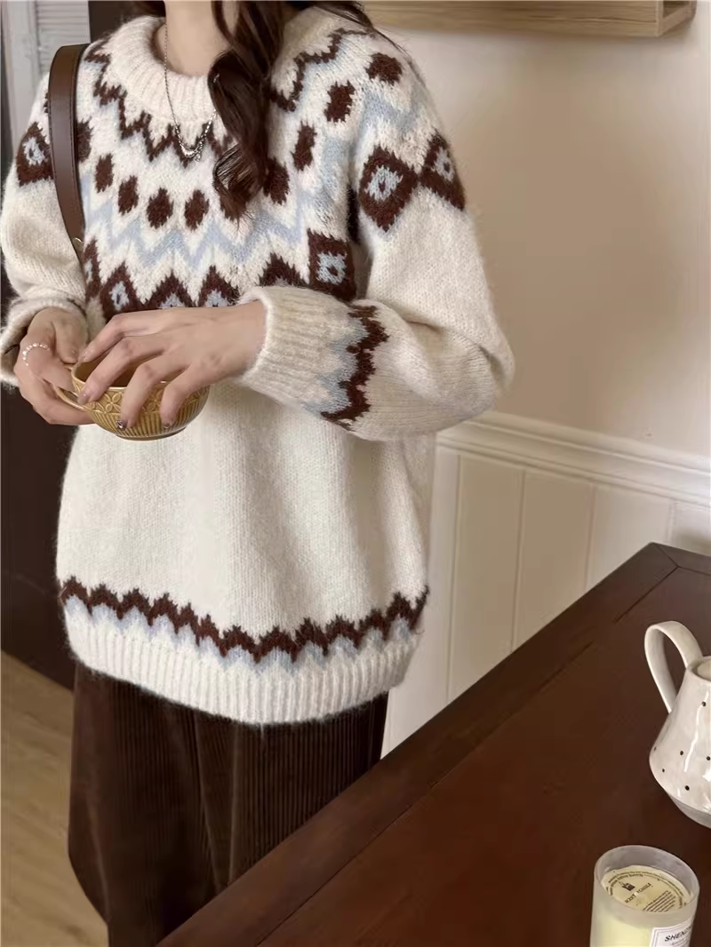Retro Fair Isle Sweater Thick Pullover Knitwear YM2421