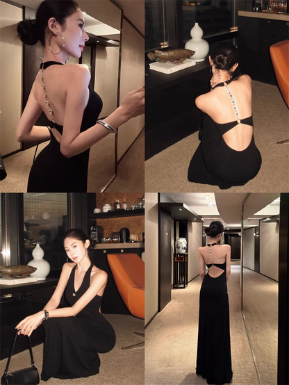 Black Halter Backless Long Party Dress Birthday Outfits YM2108