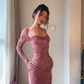 women's square neck printed long sleeve dress YM850