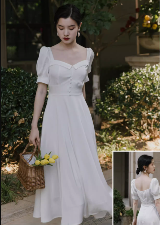 Elegant White Satin Long Party Dress Birthday Dress YM2363