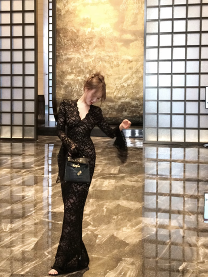 Sexy Red V-Neck Lace Long Sleeve Prom Dress Party Dress YM1817
