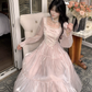 Pink French Square Neck Long Dress Fairy Glossy  Party Dress Prom Dress YM2027