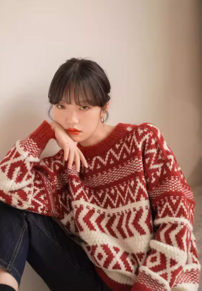 Retro Red New Year Sweater, Thick Christmas-style color-blocked Knitwear YM2417