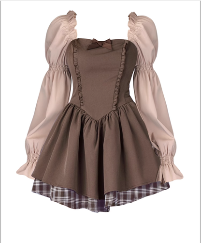 Brown puff mini dress plaid patchwork princess dress YM833