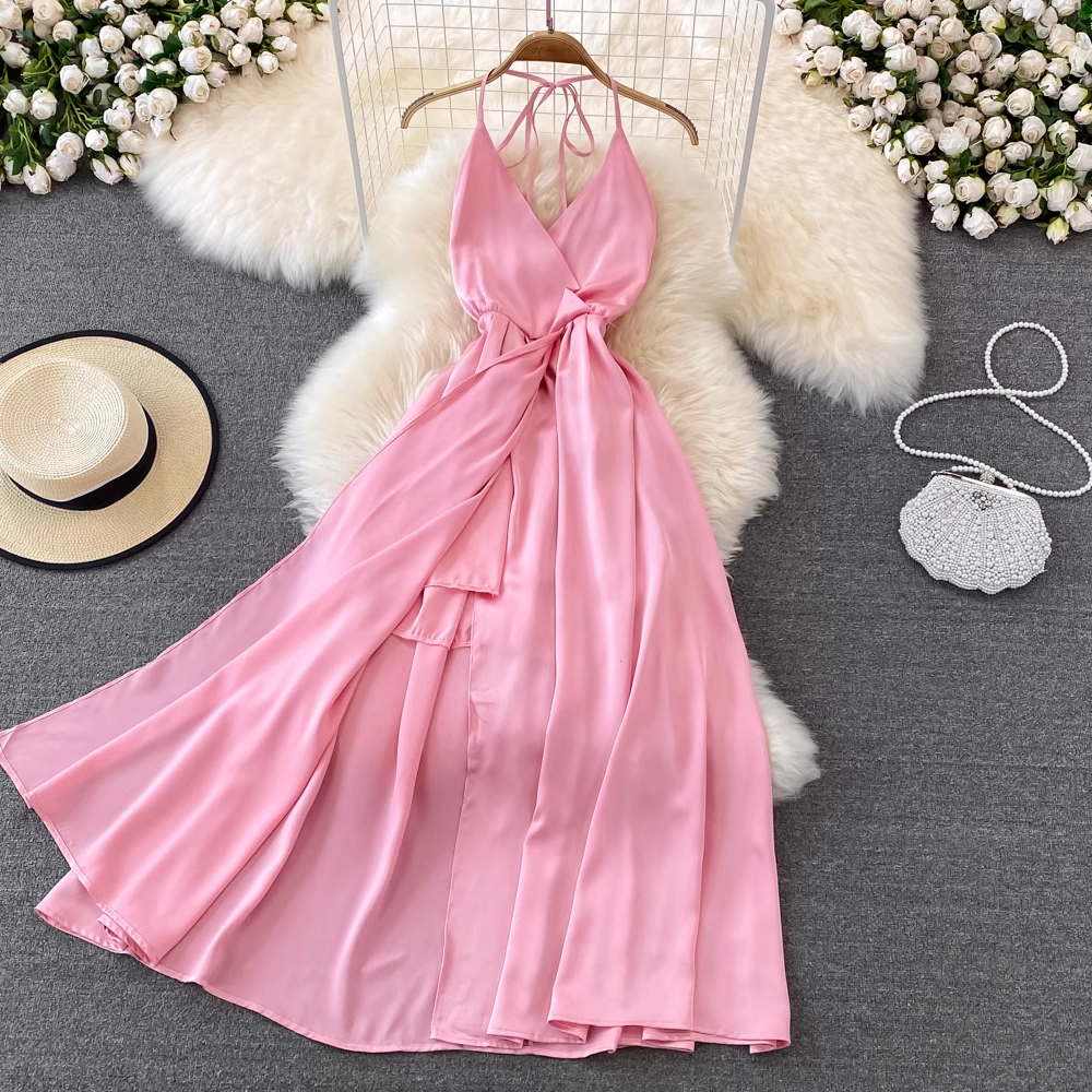 Pink V Neck Backless Summer Dress ,YM216