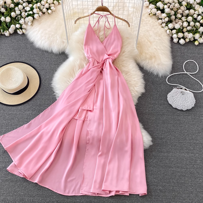 Pink V Neck Backless Summer Dress ,YM216