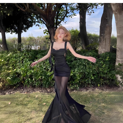 Elegant Black Mermaid Long Holiday Dress Vacation Dress YM2224