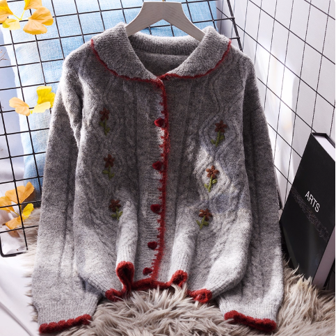 Embroidered POLO collar Short Sweater Cardigan Women's Loose Autumn New Japanese Knitted Jacket YM2343