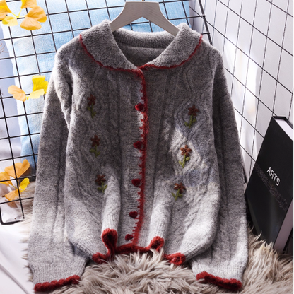 Embroidered POLO collar Short Sweater Cardigan Women's Loose Autumn New Japanese Knitted Jacket YM2343