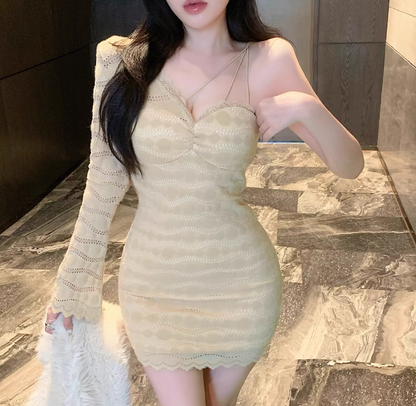 Sexy One Shoulder Black Lace Short Holiday Dress Women Dress YM2339