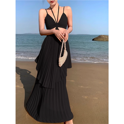 A-line V Neck Tiered Maxi Dress YM1052