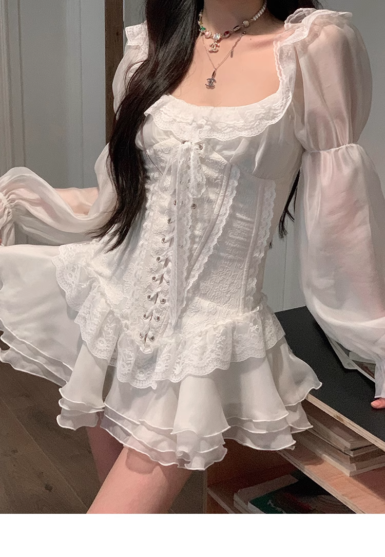 White Tulle Lace Prom Princess Dress With Puff Sleeves YM1976