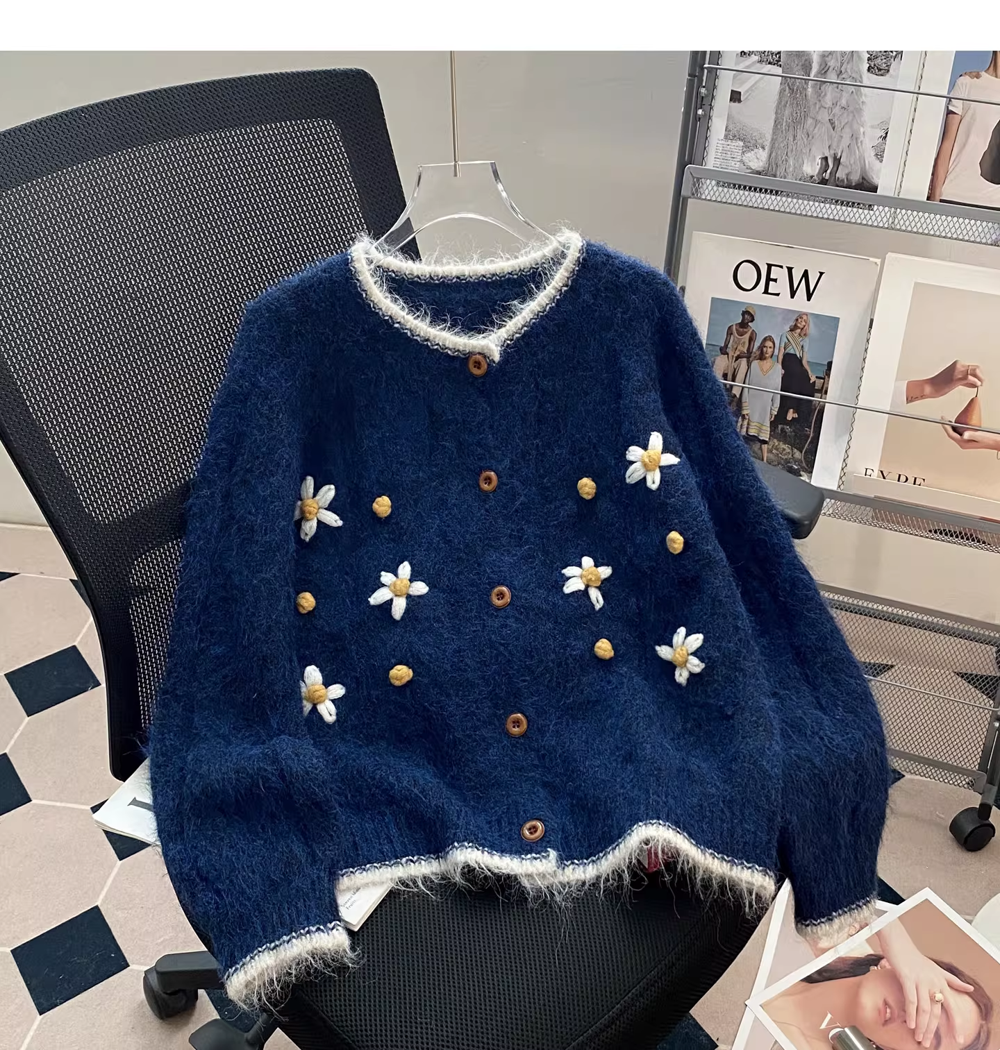 Retro Embroidered Cardigan Blue Knit Sweater YM2445