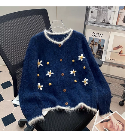 Retro Embroidered Cardigan Blue Knit Sweater YM2445