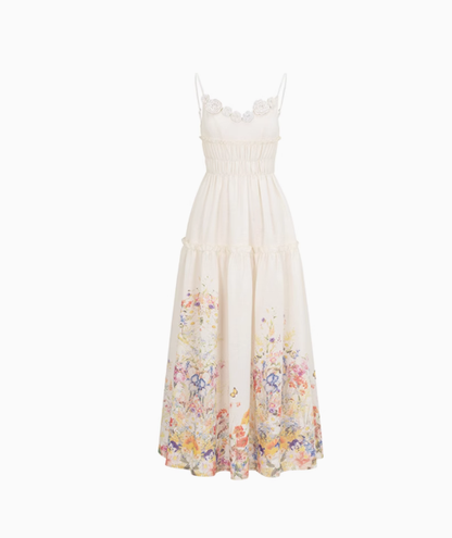 White 3D Flower Faux Linen Waisted Spaghetti Straps Party Dress YM2022