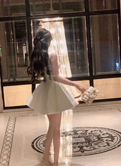 Cute White U-Neck Suspender Birthday Dress Short A Line Party Dress YM2058