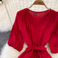 chic retro solid color ruffled mid-length square neck dress ,YM210
