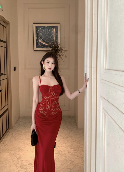 Sexy Red Lace Straps Party Dress Birthday Dress YM2171