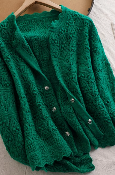 Green Hollow three-dimensional jacquard knitted sweater cardigan YM1890