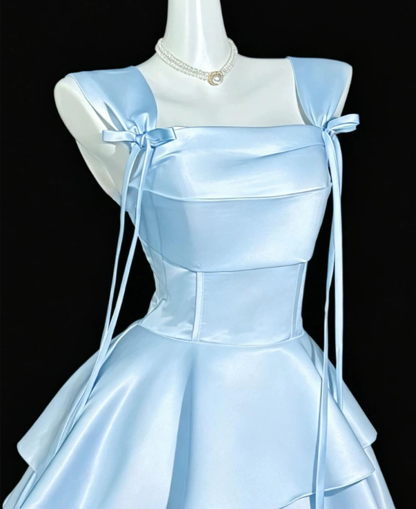 Blue Satin A Line Short Birthday Dress Vacation Dress YM2456