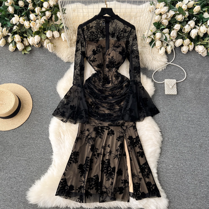 Sexy see-through mesh trumpet sleeve retro printed slit mermaid dress YM1125