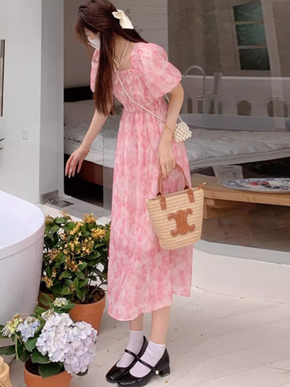 Pink Square Neck Floral Chiffon Dress YM1548