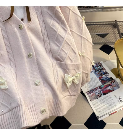 Pink Preppy Style Bow Sweater Cardigan YM2454