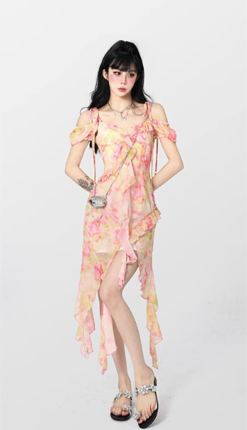 Pretty Spaghetti Straps Chiffon Print Floral Ruffle Party Dress Beach Dress YM2017