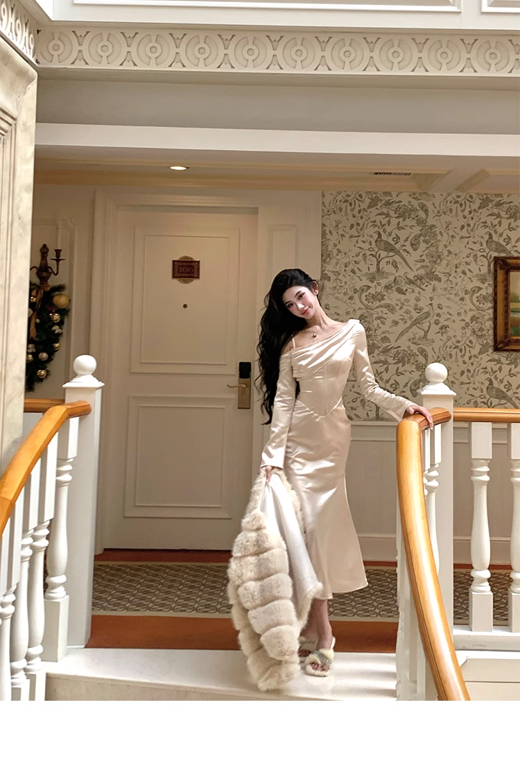 One Shoulder Long Sleeves Sexy Mermaid Evening Dress Party Dress YM1990