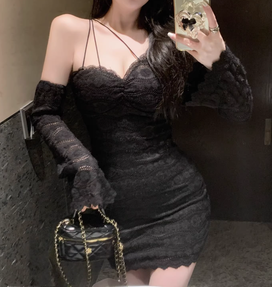 Sexy One Shoulder Black Lace Short Holiday Dress Women Dress YM2339