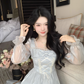 Blue French Square Neck Long Dress Fairy Glossy  Party Dress Prom Dress YM2028