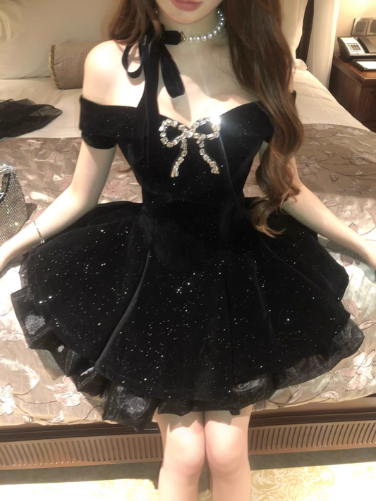 Black Off The Shoulder  Velvet Short Party Dress Birthday Dress YM2067