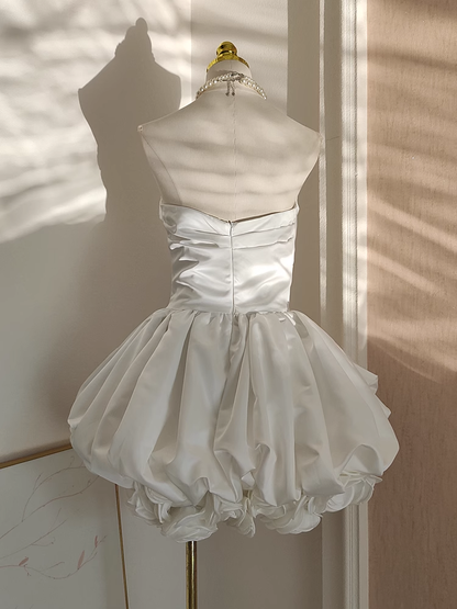 Classy White 3D Flower Pleated Mini Party Dress Strapless Birthday Dress YM2097
