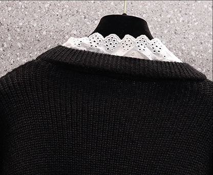 Black Lace Splicing Sweater Fashionable Fake Two-piece Loose Sweater YM2292