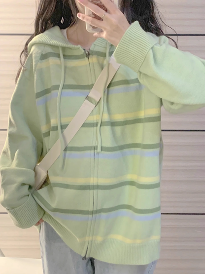 Striped Zipper Cardigan Hooded Knitted Autumn Winter Sweater Jacket YM357