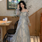 Blue Fairy-Like Ruffle Long-Sleeve Prom Dress Off The Shoulder Party Dress YM2042