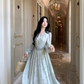 Elegant Blue Tie-Dye Lace V-Neck Long-Sleeve Party Dress Birthday Outfits YM2049
