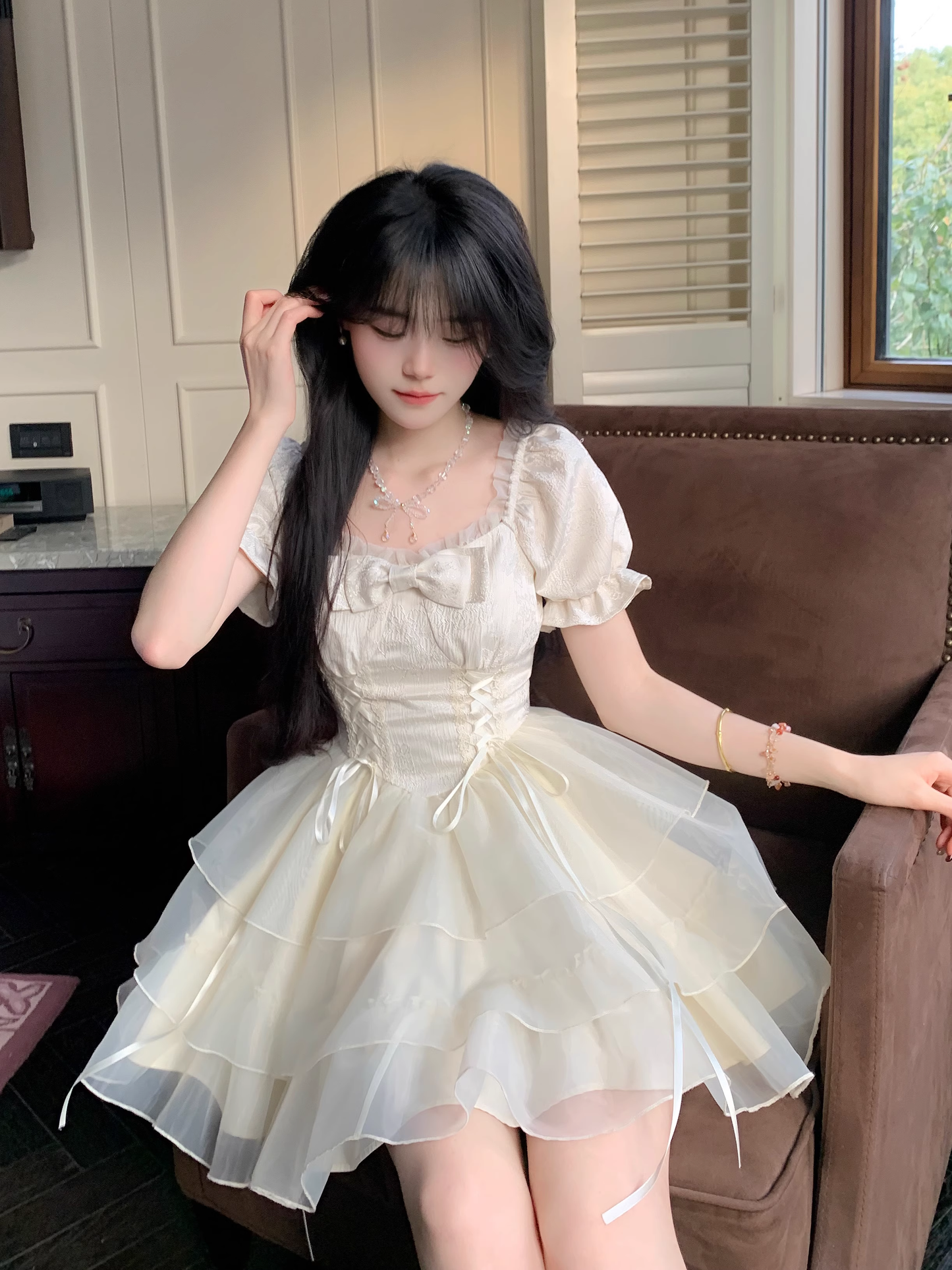 Sweet Apricot Princess Style Bowknot Organza Short Dress Puff Birthday Party Dress YM2031