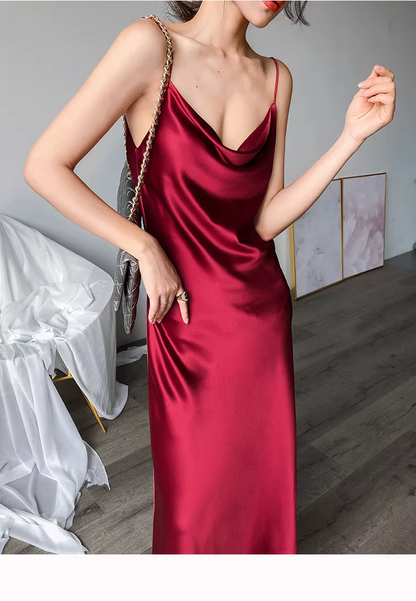Burgundy Spaghetti Straps Satin Long Birthday Party Dress YM2442