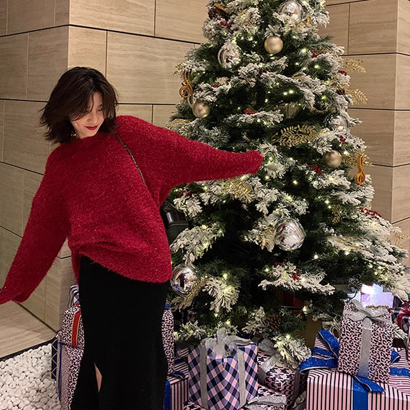 Christmas Red Sweater Thick Pullover Bright Silk Knitted Sweater YM1809