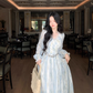 Elegant Blue Tie-Dye Lace V-Neck Long-Sleeve Party Dress Birthday Outfits YM2049