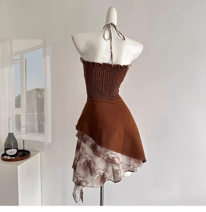 Vintage Strapless Women's Brown Denim Short Party Dress Vacation Dress YM2087