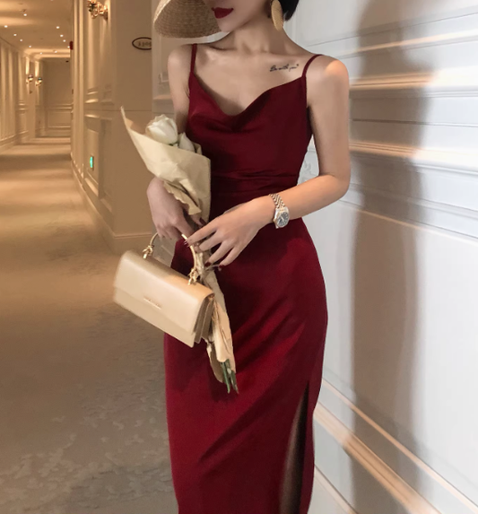 Burgundy sheath sexy spaghetti straps prom dress long party dress YM1952