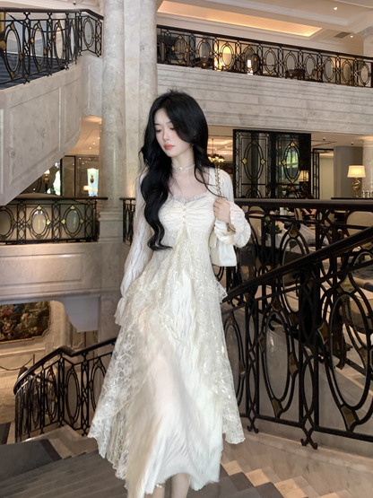 High-End And Gentle Style Lace Sequins Ruffled White Moonlight Prom Dress Apricot Party Dress YM2037