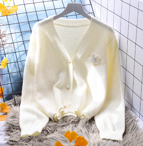 Yellow Small Fresh Short Sweater Jacket Spring Korean Style Outerwear Knitted Cardigan YM2366